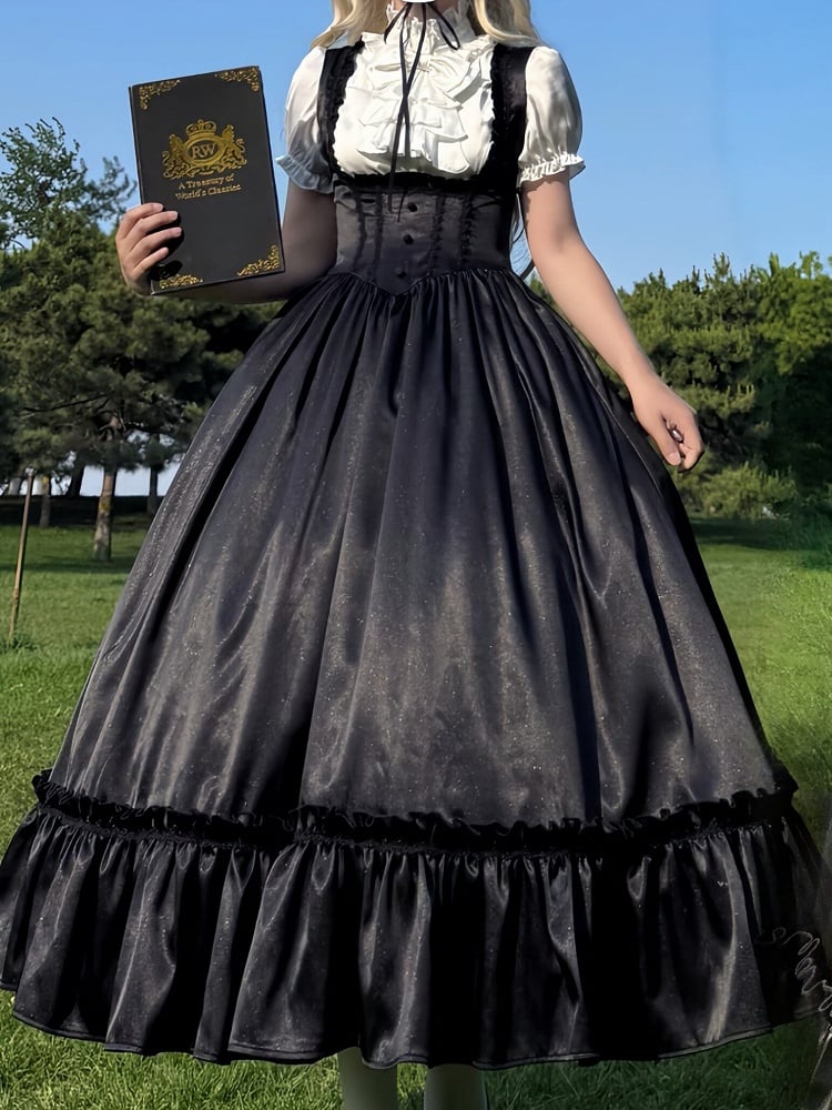 Black Satin Basque Waist Under Bust Classic Lolita JSK - Alice in Wonderland Lolita