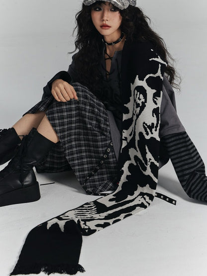 Print Skeleton with Black Scarf Red Punk Text