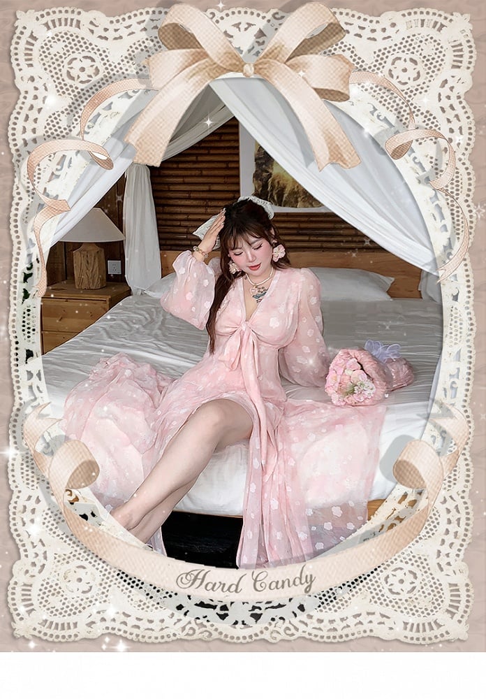 Kleid Rosa Pfirsichblütendruck Urlaub Übergröße Selbstbinden Schleife Vorne