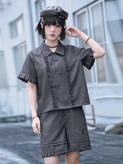 Gray Apple Embroidered Shorts with Ruffle Trim - Quirky Hut