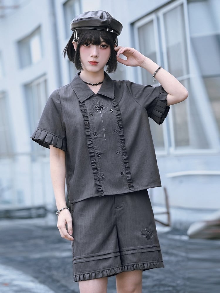 Gray Double-Breasted Short Sleeve Top with Embroidery & Ruffles - Quirky Hut