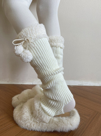 Warmers Ribbed Leg with Cuff Mid-Calf Sherpa Pom-Poms