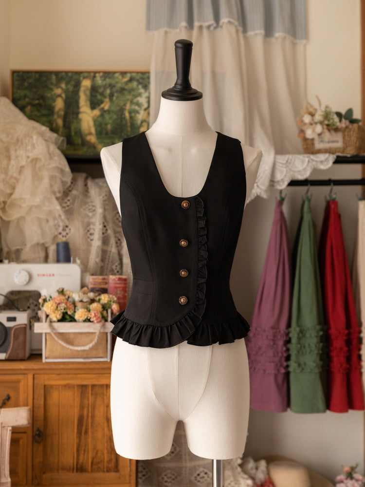 Black Ruffle-Trim Button-Front Waistcoat