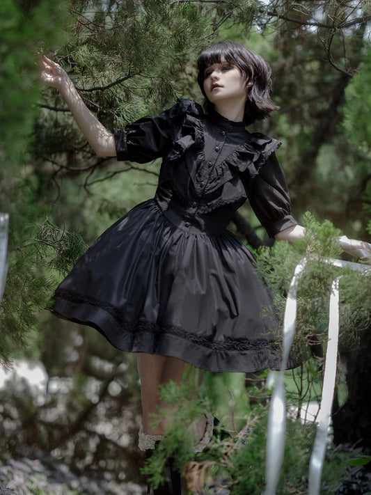 Vintage Black Lace-Trimmed Short-Sleeve OP Dress