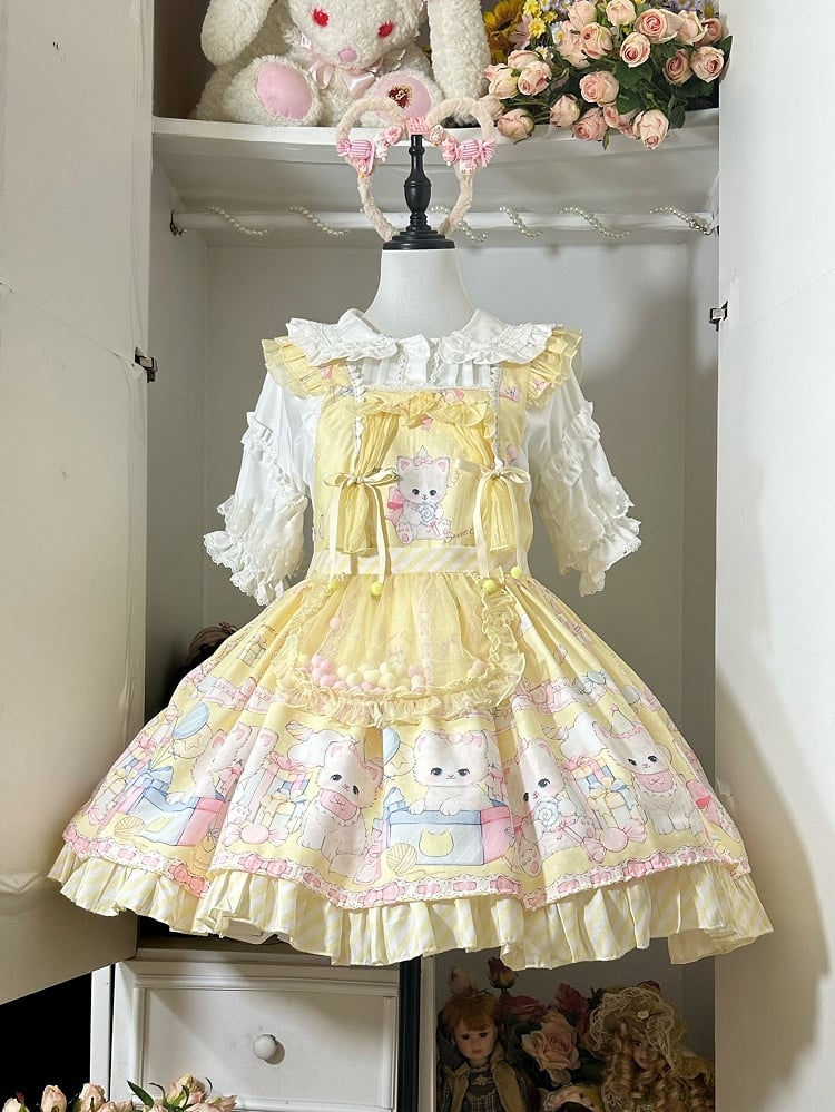 Kleid Süße Gelbe Overall Lolita Kitty Polka Muster Druck Punkte und