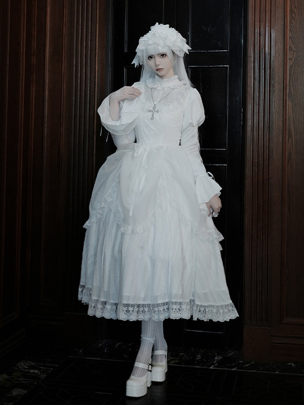 Lolita Drawstring Sleeves Ruffle Gothic Juliette Overlay Dress White Neckline with
