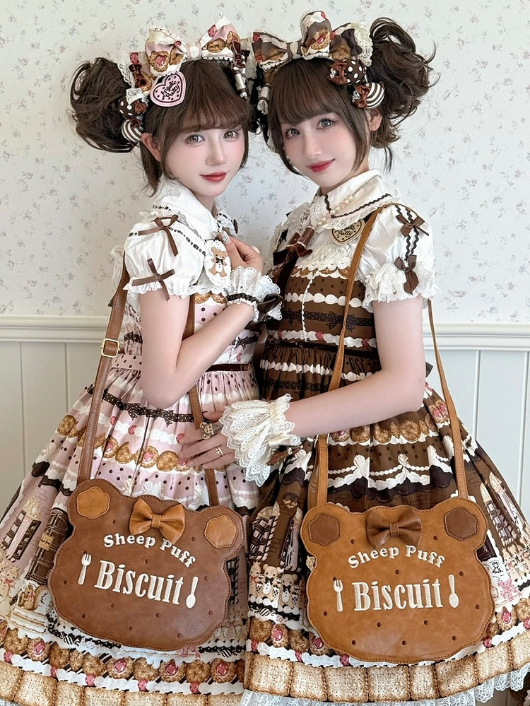 PU Light Brown Lolita Bear Cookie Bag with Fork & Spoon Embroidery