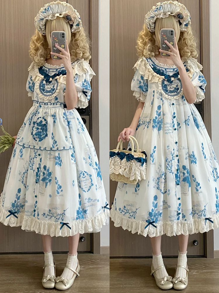 Loose Lolita Print Dress Plus Mulberry Sizes Poetry‌ and Blue Available