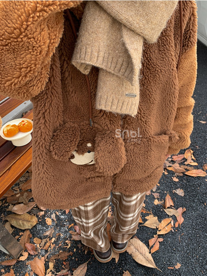 Brauner Fleece-Kapuzenpullover mit süßem Welpen-Taschendesign