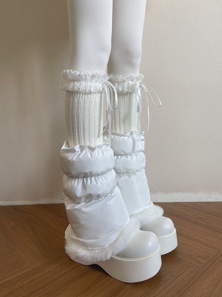Leg Pearl-Adorned Knit Lace Bows White Ribbon Warmers with Ruffled