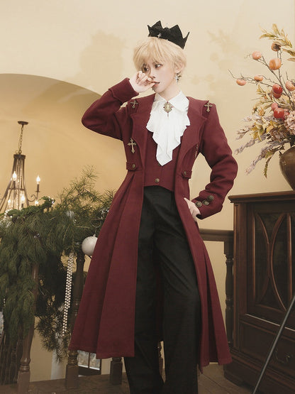 + Wings Shirt Red Collar Sleeves Black Waist High Pants Ouji Coat Cross Long Charms Bat Lolita White