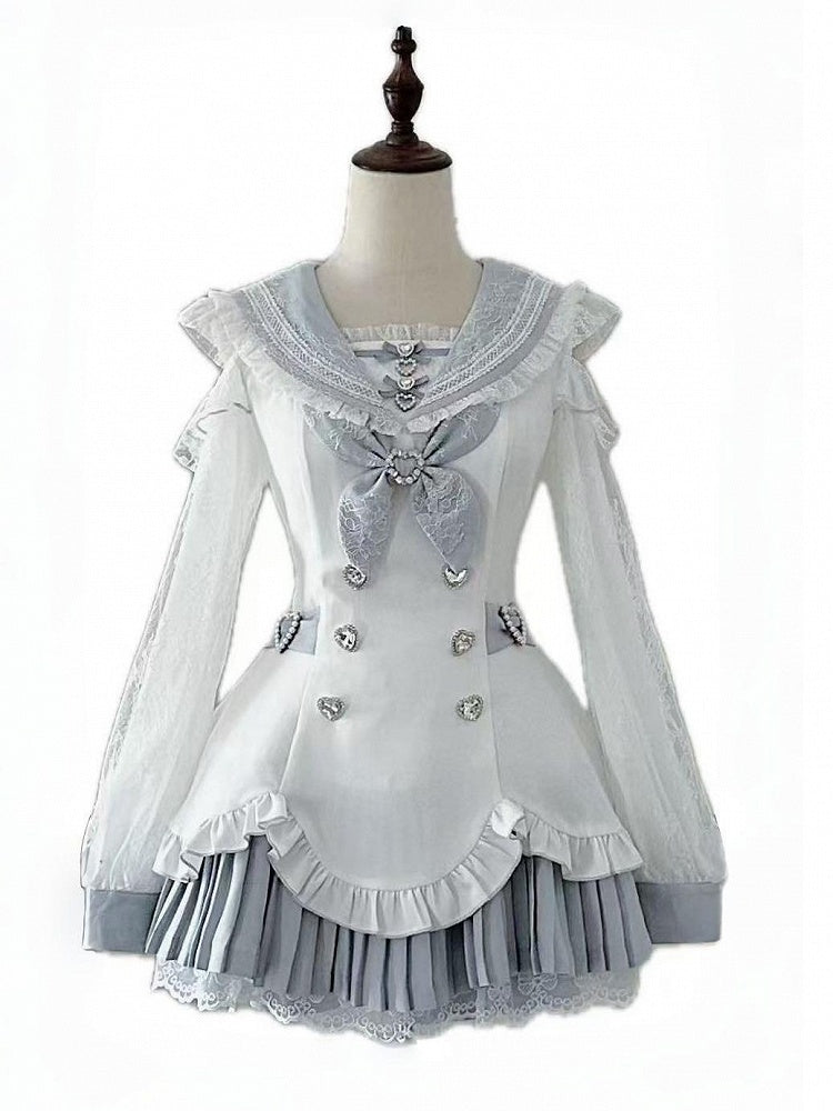 Landmine Style Two-Piece Set in Blue and White with Sailor Collar Cutout Shoulder Pleated Dress and Shorts - Broken Bear