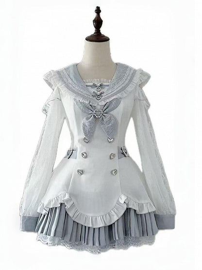 Landmine Style Two-Piece Set in Blue and White with Sailor Collar Cutout Shoulder Pleated Dress and Shorts - Broken Bear