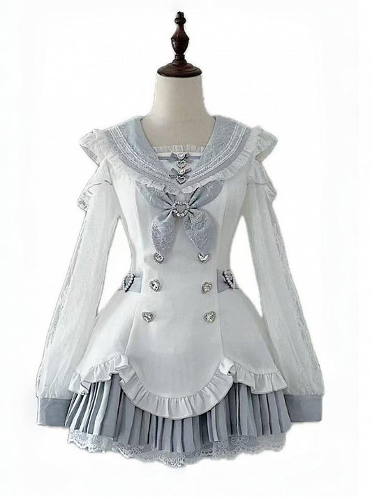 Landmine Style Two-Piece Set in Blue and White with Sailor Collar Cutout Shoulder Pleated Dress and Shorts - Broken Bear