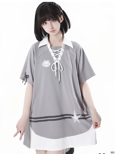 and Neckline Star Gray Lace-up Applique Bunny Dress Loose