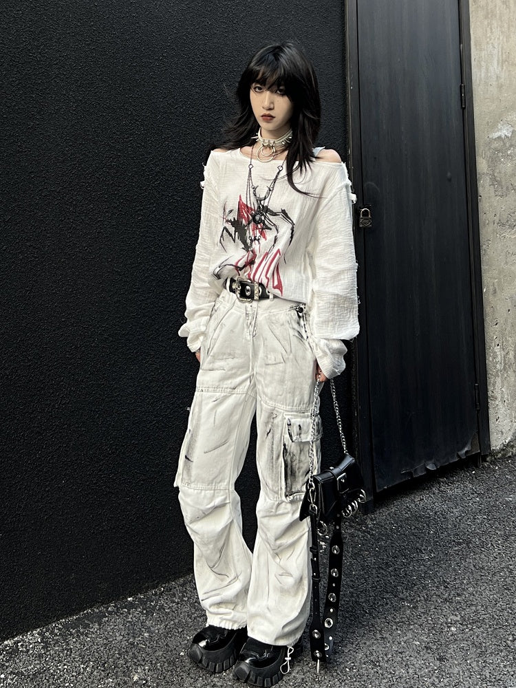 Vintage-Cargojeans in Weiß mit Farbspritzern und Batikmuster, lockere Passform, mit Kordelzug in der Taille