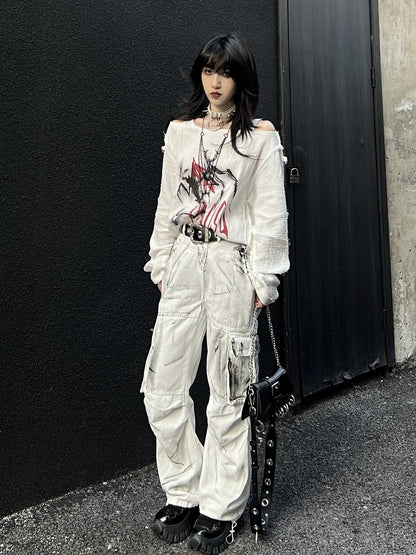 Vintage-Cargojeans in Weiß mit Farbspritzern und Batikmuster, lockere Passform, mit Kordelzug in der Taille