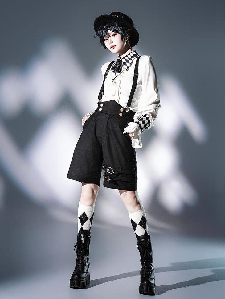 Vibes Weißes Hemd Ouji Circus Langer Kragen Schachbrettmanschetten Ärmel und Print Lolita