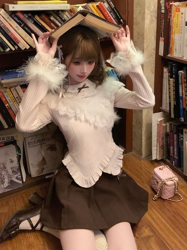 Long-Sleeve Pink Shoulder Decor Light Ruffle Jirai Kei Fuzzy Open with Knit Top