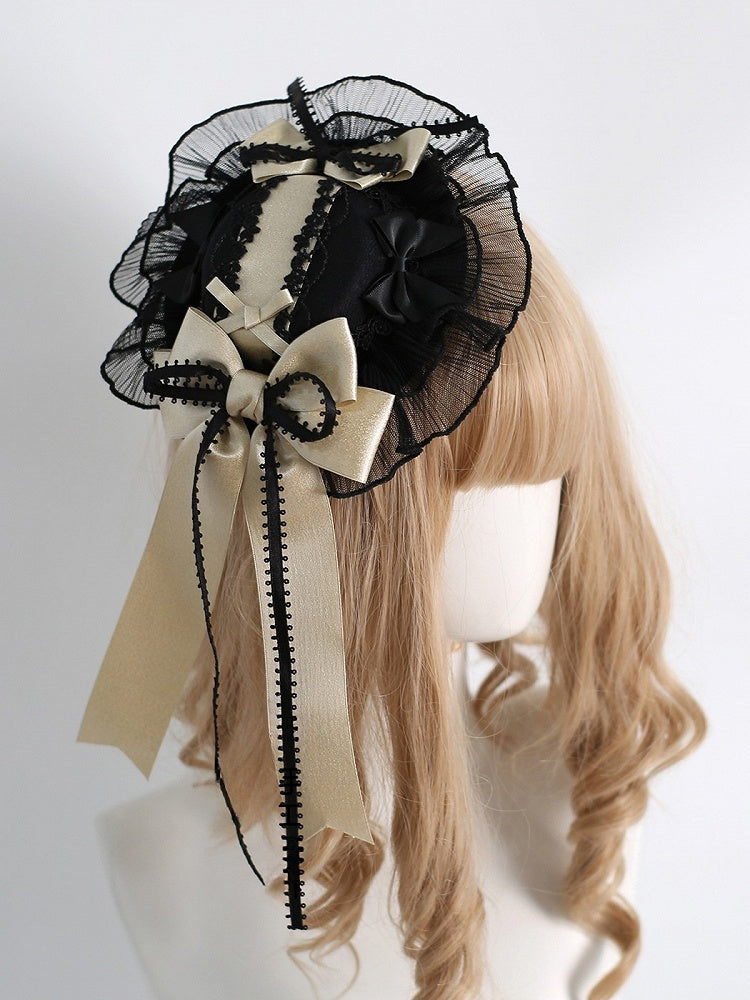 Sweet Bowknot BlackGold Details Lace Hat Lolita Mini Trim