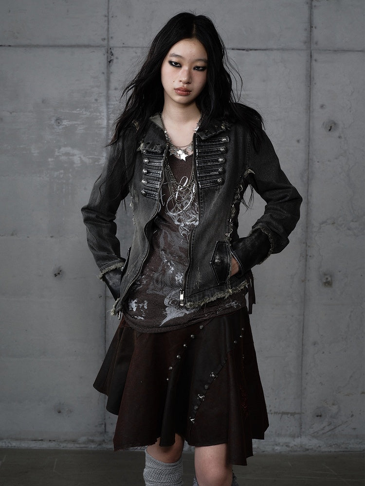 Hooded Detachable Gray Dark Hem Finish with Denim Distressed Jacket Corduroy