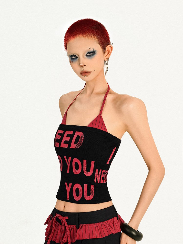 Lettered Trendy Two-Piece Set: Black  Halter Bra Red Crop Tube Top  Striped Padded