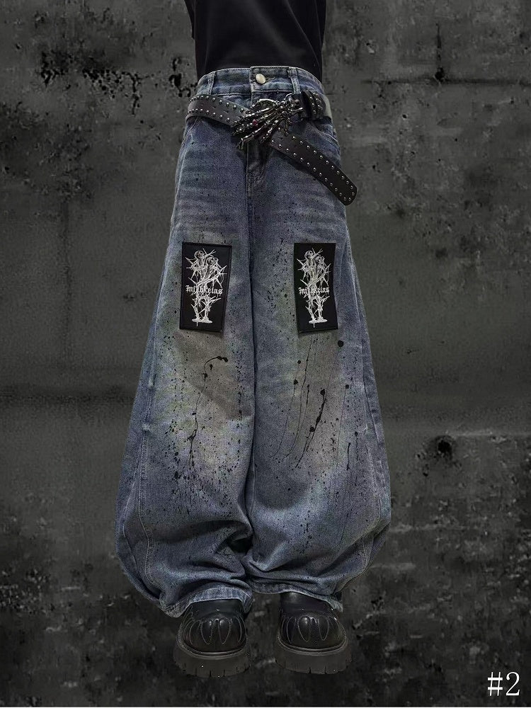 Splatter with Punk and Faded Appliques Blue Random Wide-Leg Jeans Wash Embroidered