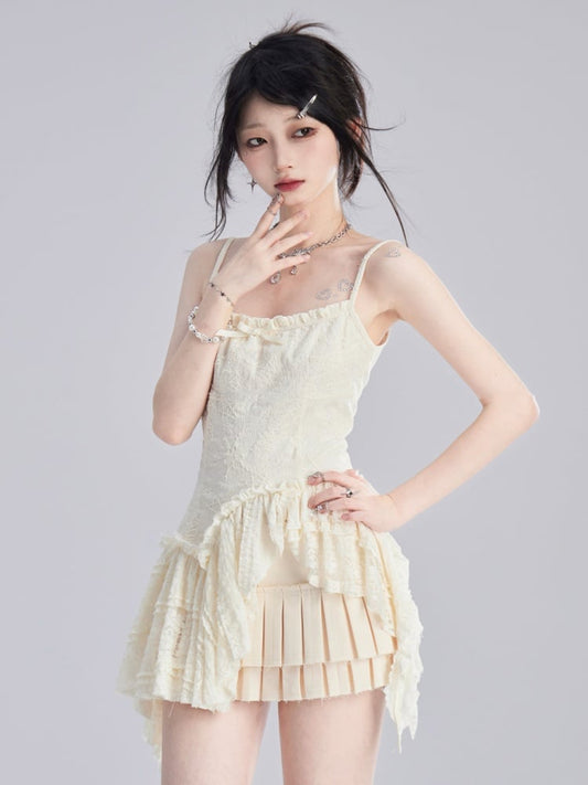 キャミソールトップ アプリコット アシンメトリー レーストリム シフォン