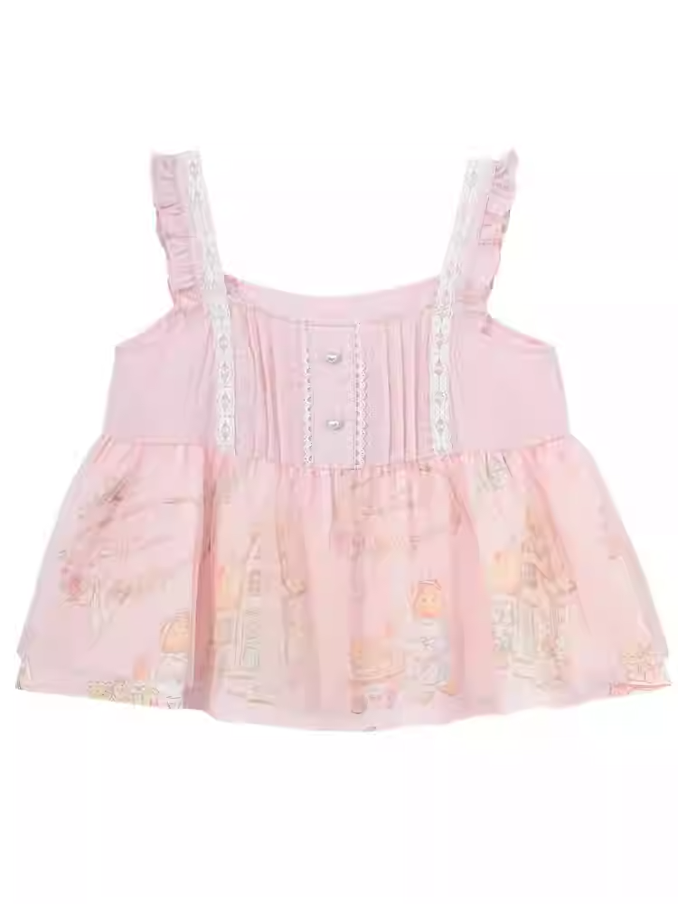 Flutter Bear Print Sleeveless Top Sweet Pink Sleeves Cartoon