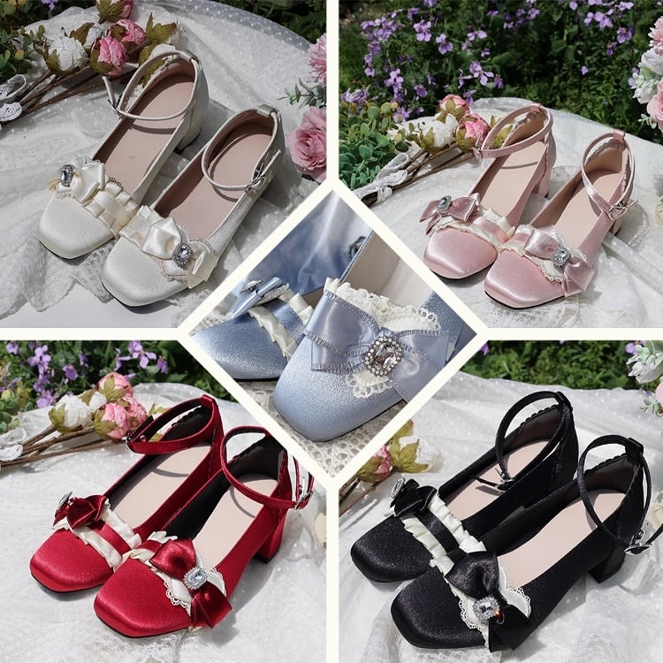 Elegant in Blue Janes Ruffle Loltia Toe Crystal Mary Bow Edging Mid-heel Satin with Square Embellished