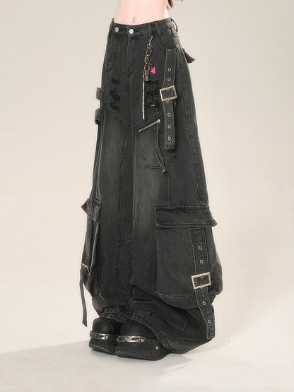 Cargo Pockets Black Distressed Holes Buckle Wide-Leg Jeans Straps