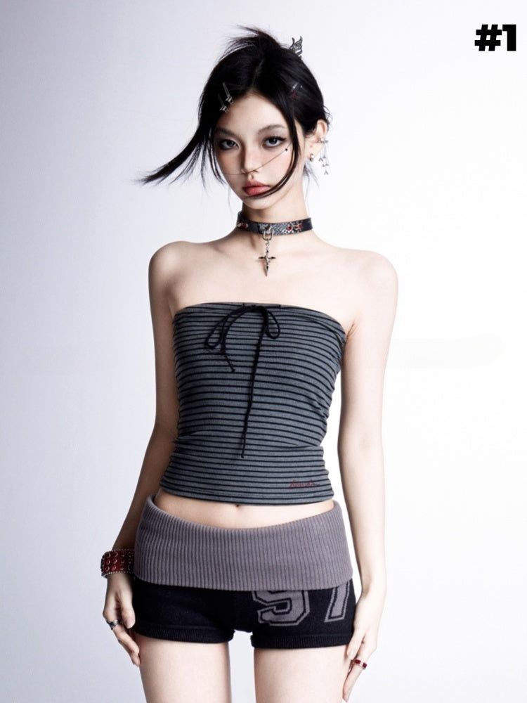 ストラップレス/ノースリーブトップとグレーのストライプが魅力的なクロップド丈ブラック