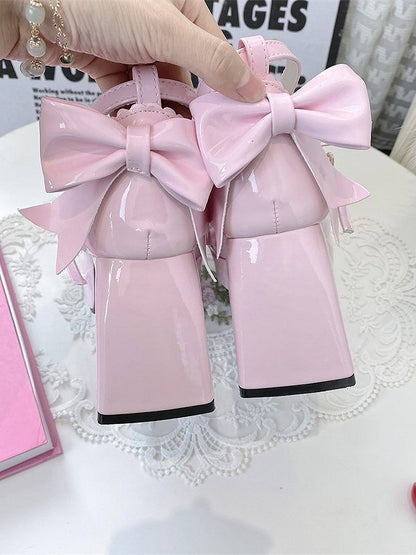Top at Lolita Pink Heel Mary Star Bow PU - Janes Details 8cm Elegant