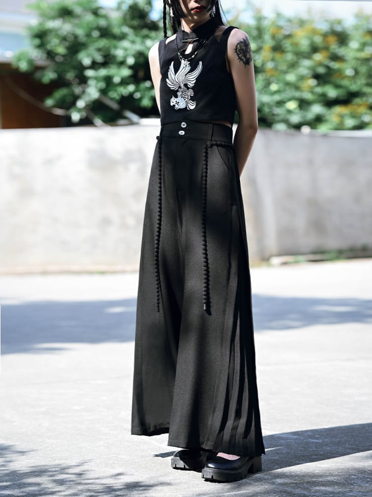Black Version Wide-Leg Regular/Short Panel Pants Side with Cheongsam Cord Waist Pleated