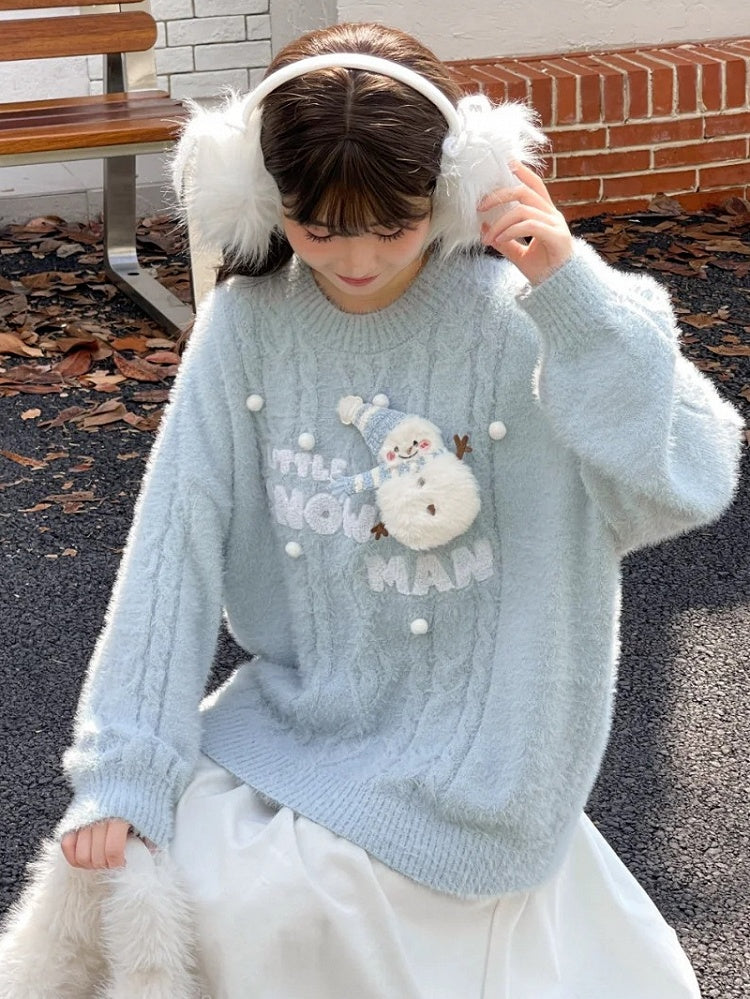 Cute Snowman Adorned Blue Mohair Soft Sweater
