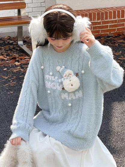 Cute Snowman Adorned Blue Mohair Soft Sweater