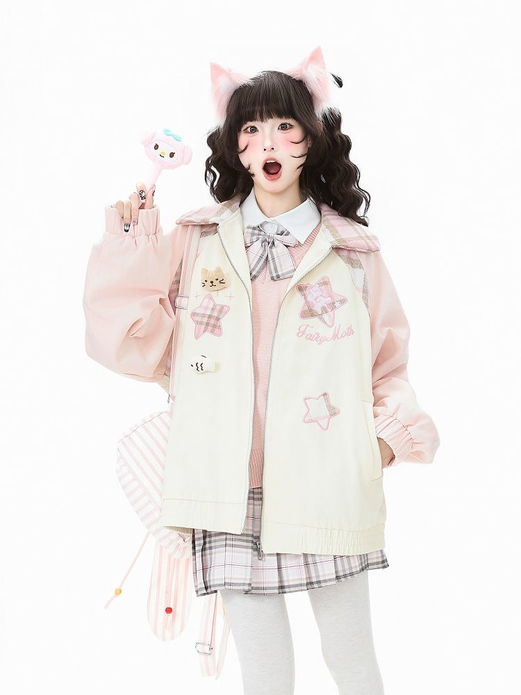 Collar Cat Brown/Pink Color-Block Embroidered with Jacket Plaid and