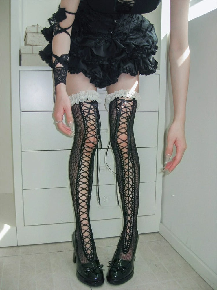Dark Black Lace Strap Knee High Thigh Socks