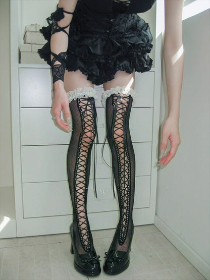 Dark Black Lace Strap Knee High Thigh Socks