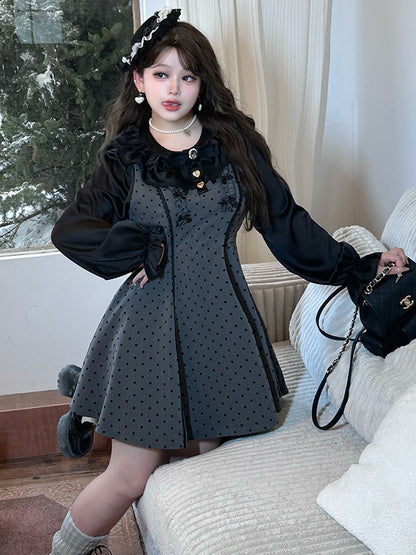 Plus Size Grey Bow Accents High Waist Polka-dot Pattern Dress