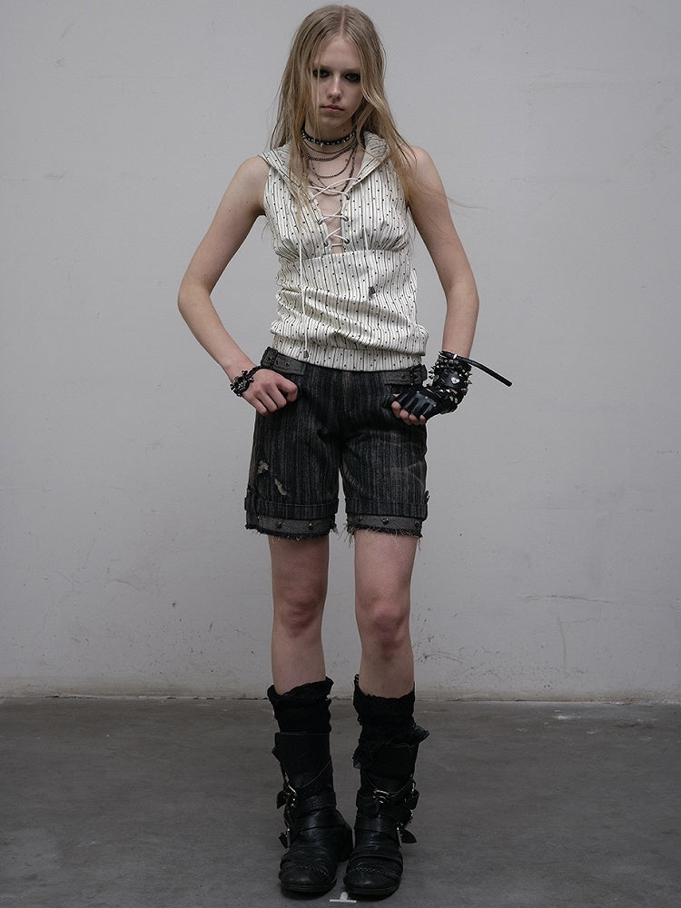 Black Details Shorts Wash Punk Wasteland Decorated Buckle Faded Studs