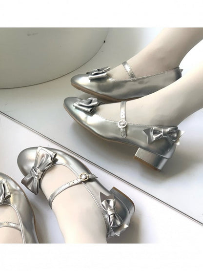 Silver Bowknot Lolita Shoes with Buckle Strap - Unmissable Berry