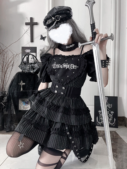 Stripes Dress with Puff Black Sleeve White Patch Gothic Studded Heart Short