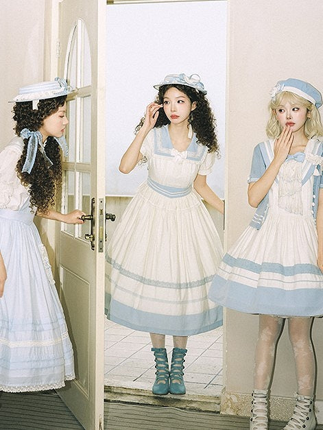 Lace Milk White Sailor Dress Puff Sleeves and Trim Collar Lolita with Light Blue
