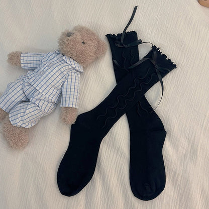 Trim White/Black Calf Decorated Side Ruffled with Socks Ruched Bow