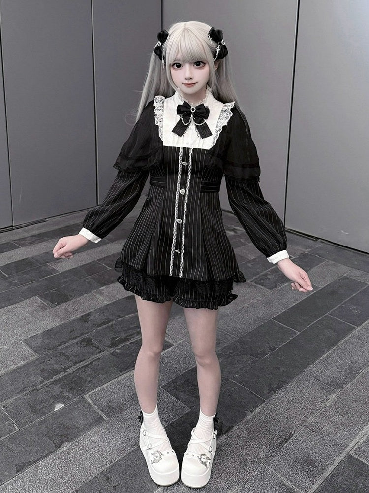 Black Jirai Kei Striped Long-Sleeve Dress with Lace Mesh Cape, Bow Tie & Shorts Set - Puppet Bombs