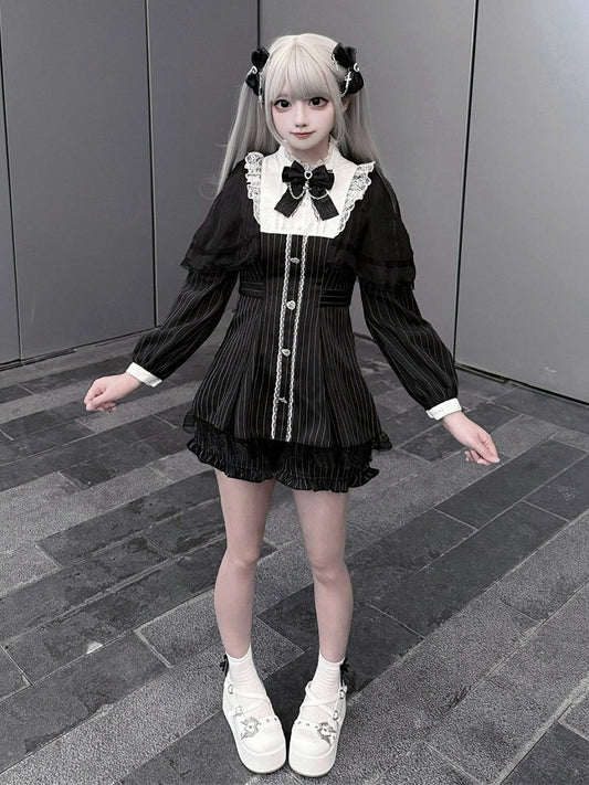 Black Jirai Kei Striped Long-Sleeve Dress with Lace Mesh Cape, Bow Tie & Shorts Set - Puppet Bombs