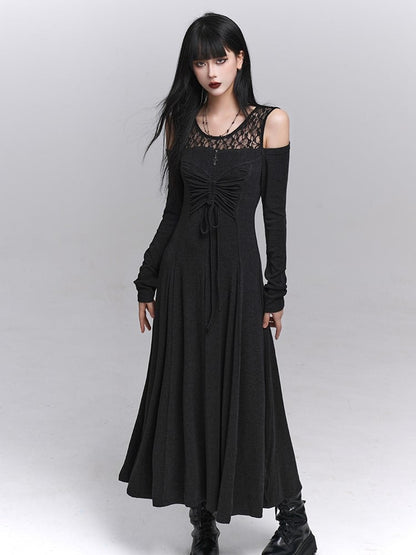 Detail Tie-Bow Gray with Dress Faux Two-Piece Dark Gothic