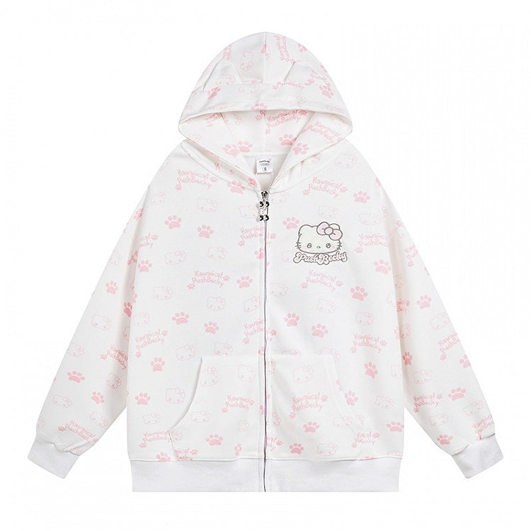 Schwarz/Rosa/Hellblauer Kapuzenpullover mit Kätzchen-Allover-Print