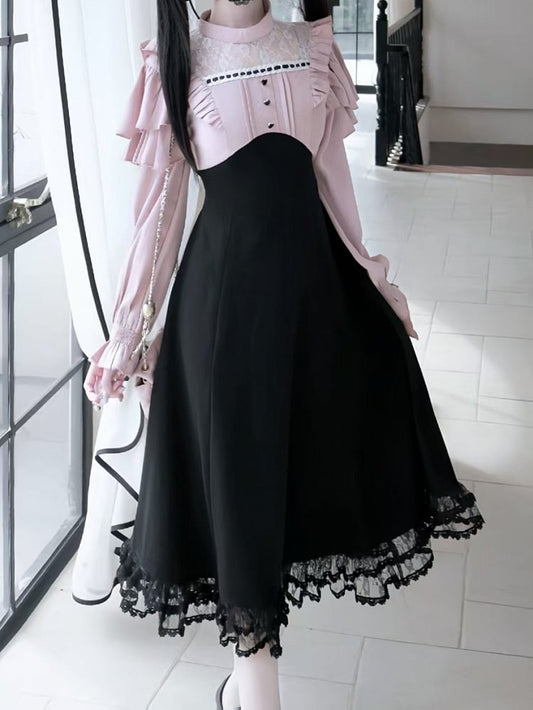 Lace Black Pink Jirai Kei Panel Long-Sleeve Design Dress Ruffled